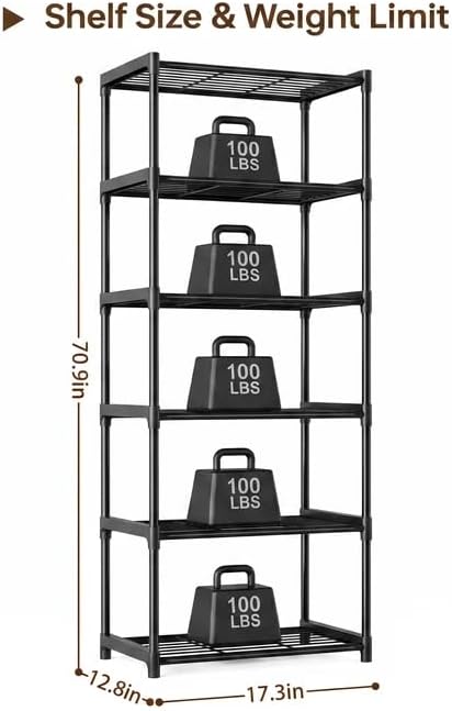 6-Tier Storage Shelves with Plastic Connectors – Metal Shelf Organizer for Pantry, Closet & Bathroom, Space-Saving Sturdy Shelving Unit Rack, Black， 17.3" x 12.8" x 70.9"
