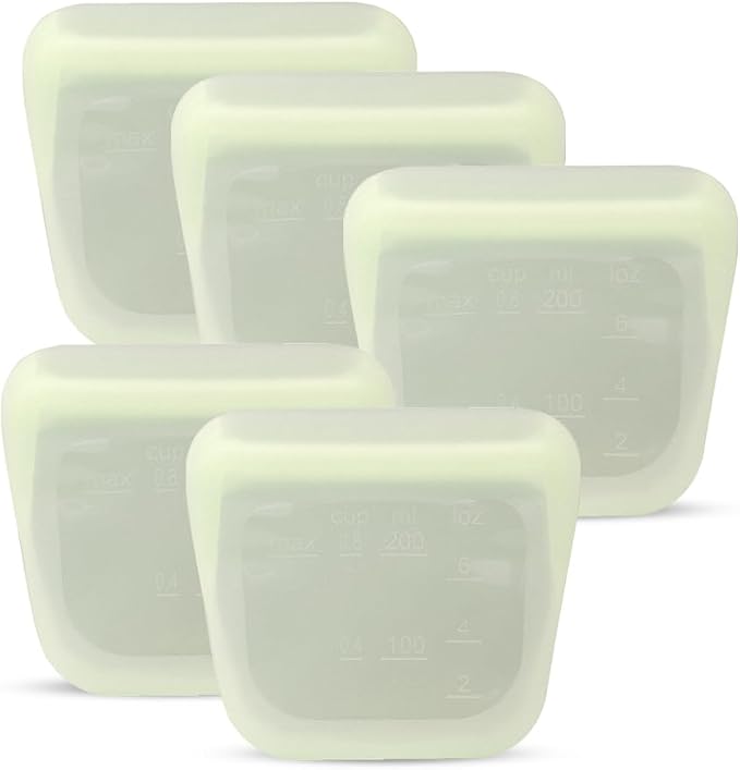 purifyou Set of 5 Reusable Silicone Storage Snack Bags 6oz / 16oz / 32oz / 64oz Self-Seal Food Storage Container for Fruits, Vegetables, Sandwiches, Dishwasher Safe & Leak-free (Cream, 6oz)