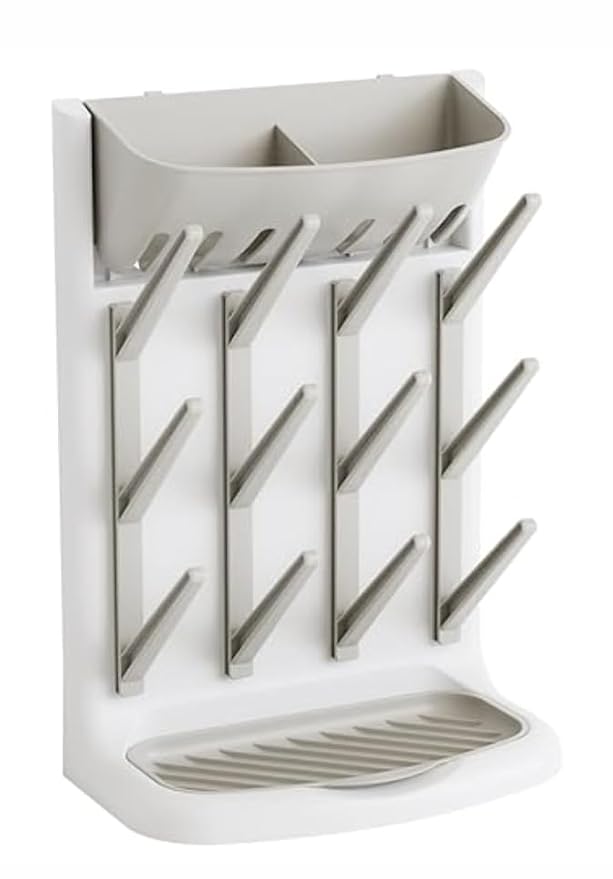 GoMaihe Baby Bottle Drying Rack: Space Saving Vertical Bottle Dryer Holder | The Large Top Compartment Storage Stand Organize Brushes Pacifiers on Countertop - BPA-Free - Gray