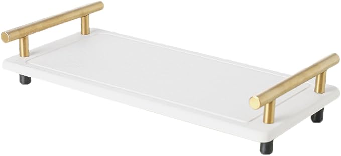 Instant Dry Sink Caddy Organizer,Diatomaceous Earth Bathroom Organizer with Handle Water Absorbing Stone Tray for Sink Water Absorbent Diatomite Coasters (L White Gold Handle)