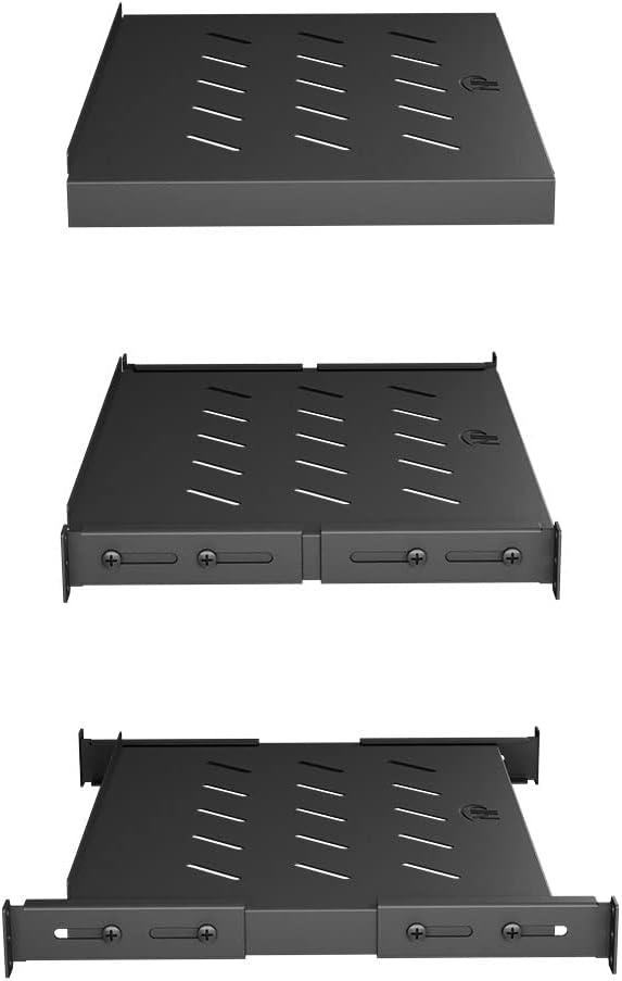 Vented 4-Post Shelf, Adjustable, Black, 300 mm Depth, 1U, 242 lbs, Cold Rolled Steel
