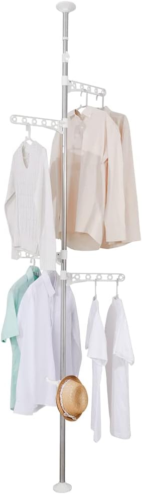 BAOYOUNI Telescopic Drying Rack Floor to CeilingAdjustable Metal Ivory | Corner Laundry Pole Coat Tree Hanger Metal Storage Organizer Stand with 4 Arms & 1 Hook Space Saving Tension Rod for Clothes