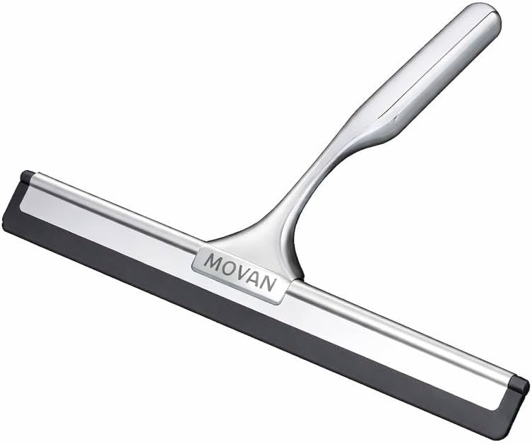MOVAN Shower Squeegee for Glass Doors with Replacement Silicone Blade – 304 Stainless Steel Frame, 10 Inch, Streak-Free Bathroom Window Wiper with Adhesive Hook, Black