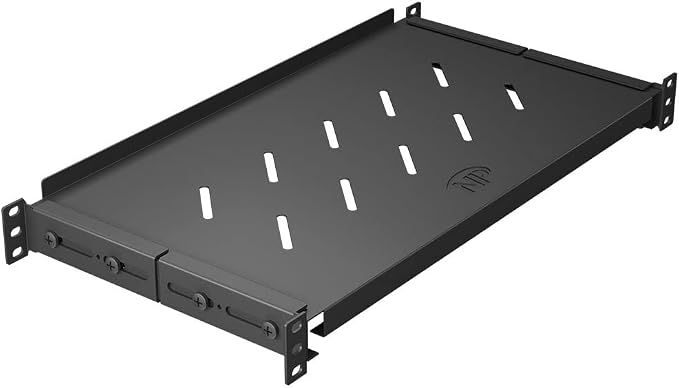 Vented 4-Post Shelf, Adjustable, Black, 250 mm Depth, 1U, 242 lbs, Cold Rolled Steel