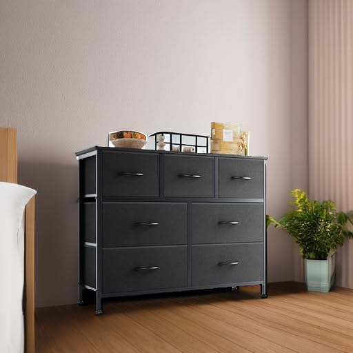OLIXIS Black Dresser for Bedroom with 7 Fabric Drawers Storage Organizer | Wardrobe Closet for Clothes Storage, Cabinet Vertical Dresser for Living Room, Entryway Hallway