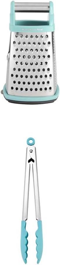KitchenAid Gourmet 4-Sided Stainless Steel Box Grater with Detachable Storage Container, 10 inches t and KitchenAid Silicone Tipped Stainless Steel Tongs, 10.26 Inch, Aqua Sky