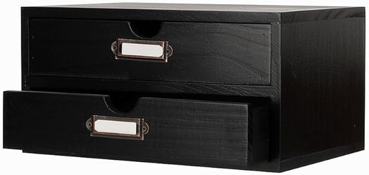 Small Wooden Drawers Wooden Box with Drawer Black | 2 Drawer Storage Box for Apothecary Cabinet, Apothecary Drawers，Desktop Organizer with Metal Handles for Office，Home