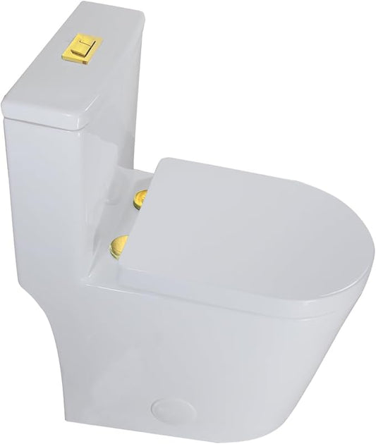WinZo WZ5089WG Compact One Piece Toilet 23" Depth,Dual Flush Golden Button For Small Modern Bathroom 12" Rough-in White