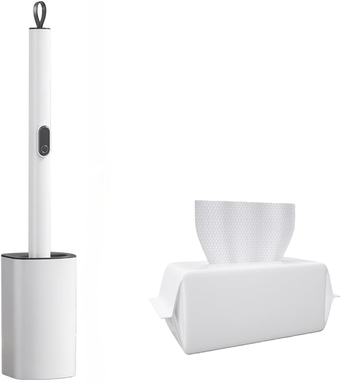 Extendable Toilet Brush & Holder Set, Disposable Toilet Brush – Silicone Head, Hands-Free Wet Wipe Attachment, Easy & Mess-Free Cleaning (White)