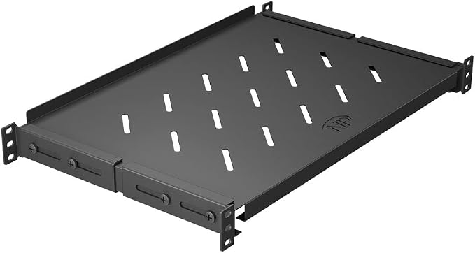 Vented 4-Post Shelf, Adjustable, Black, 300 mm Depth, 1U, 242 lbs, Cold Rolled Steel