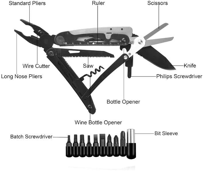 18-in-1 Multitool Pocket Knife with Pliers, Saw, Corkscrew & Detachable Scissors, Multi Tool with Safety Lock, 9 Screwdriver Bits, Camping Gear, Gifts for Men