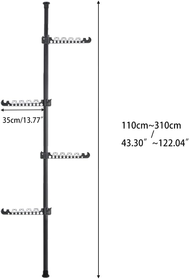 Hershii Telescopic Clothing Rack for Hanging Clothes Laundry Tension Pole | 4 Tiers Coat Tree Garment Drying Stand Floor to Ceiling Corner Storage Organizer Holder for Indoor, Balcony - Black