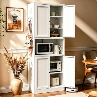 AQY Kitchen Pantry Cabinet,72" White Pantry Cabinet 3-Tier Adjustable Shelves 4 Doors, Freestanding Cupboard with Microwave Stand, Metal Cabinet with Handle for Living Room Kitchen Assembly Required