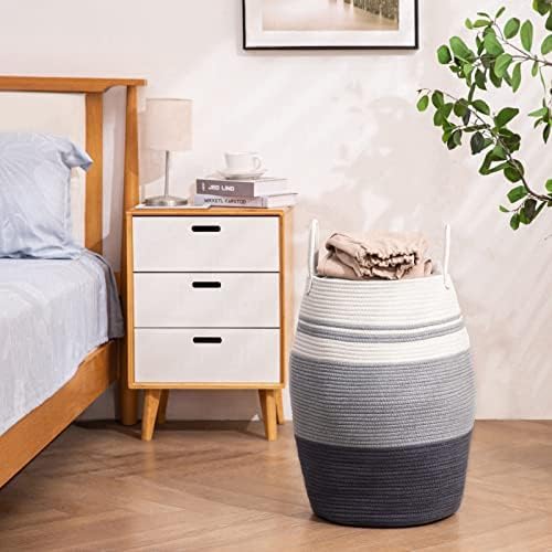 Extra Large Laundry Hamper Basket 105L Woven Blanket Basket, Grey | Tall Clothes Hamper, Rope Wicker Laundry Basket, Storage Basket for Toys, Dirty Cothes in Bedroom, Living Room Organizer