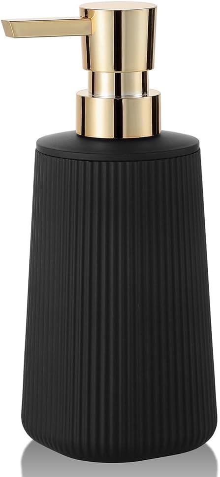 YAUKPH Small Soap Dispenser for Bathroom and Kitchen Matte Black and Gold | Modern Farmhouse Striped Style Plastic Hand Soap Dish Soap Dispenser with Pump