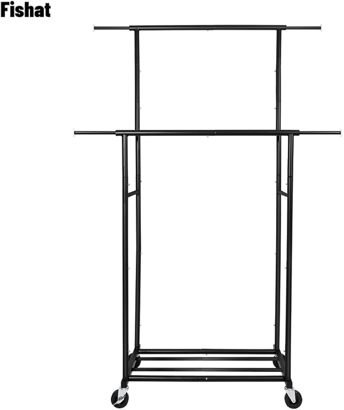Fishat 48"W x 15"D x 67"H Portable Black Double Rods Garment Clothes Rack | Metal Freestanding Hanging Organizer, Mobile Lockable Wheels, Portable Freestanding, for Storage, Drying, Bedroom