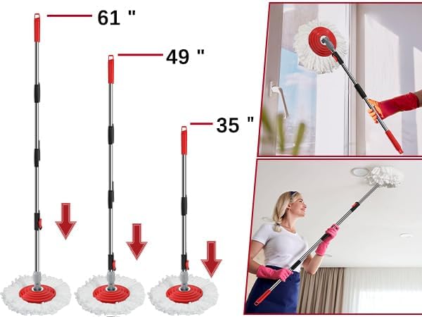 Stainless Steel Extendable Mop Handle with 2 Microfiber Replacement Heads & 360° Rotating Base Plate — Fits Standard Mop Buckets - Black