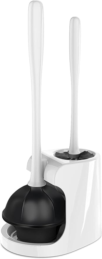 2 in 1 Toilet Brush and Plunger Set - Toilet Brush with Solid Handle, Stand and Holder for Deeply Cleaning in Bathrooms - Plastic Toilet Brush and Holder Set in White