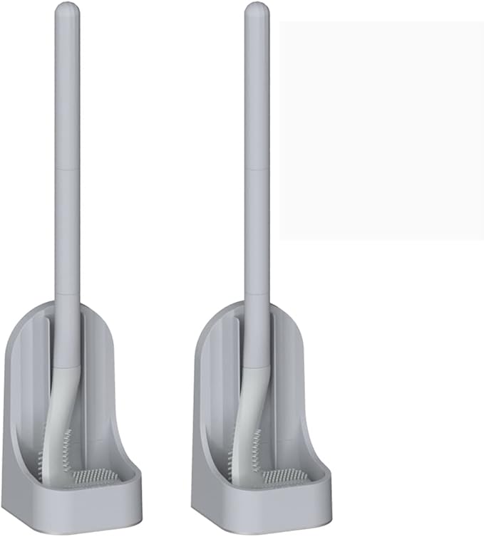Toilet Brush, Long Handle Golf Toilet Brush with Holder 360° Deep Cleaning Flexible Silicone Toilet Cleaner Brush Wall Mounted for Bathroom (2Pcs Grey)