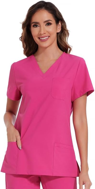 Scrubs Tops for Woman - Soft Stretch, V-Neck Tops | 3 Pockets, Side Split Design, Short Sleeve, Breathable & Lightweight Nursing Shirt, Easy-Care Fabric for All-Day Comfort