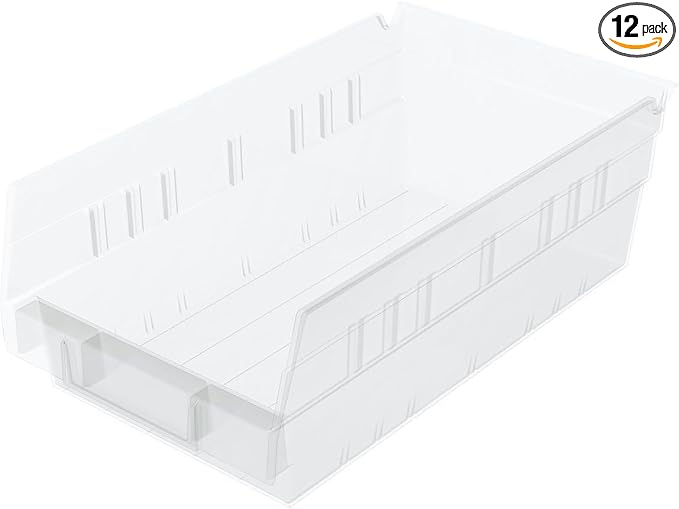 Akro-Mils 30130 Plastic Shelf Bins, Heavy Duty Storage Bins for Garage, Closet, and Drawer Organization, 12" x 6-1/2" x 4", Clear, 12-Pack