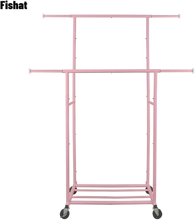 Fishat 48" W x 15" D x 67" H Portable Pink Double Rods Garment Clothes Rack | Metal Freestanding Hanging Organizer, Mobile Lockable Wheels, Portable Freestanding, for Storage, Drying, Bedroom