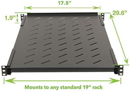 NavePoint Vented 4-Post Shelf, Adjustable, Black, 750 mm Depth, 1U, 242 lbs, Cold Rolled Steel