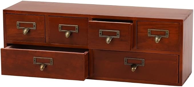 Apothecary Drawers Wooden Storage Box with 6 Drawers Vintage Countertop Wooden Drawers Apothecary Cabinet Library Card Catalog Cabinet （BROWN）