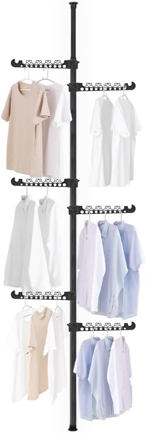 Hershii Garment Clothes Rack Coat Tree Clothing Drying Hanging Holder Organizer Standing Adjustable Laundry Pole Tension Rod Floor to Ceiling Indoor Corner Storage Shelf 6 Tiers - Black