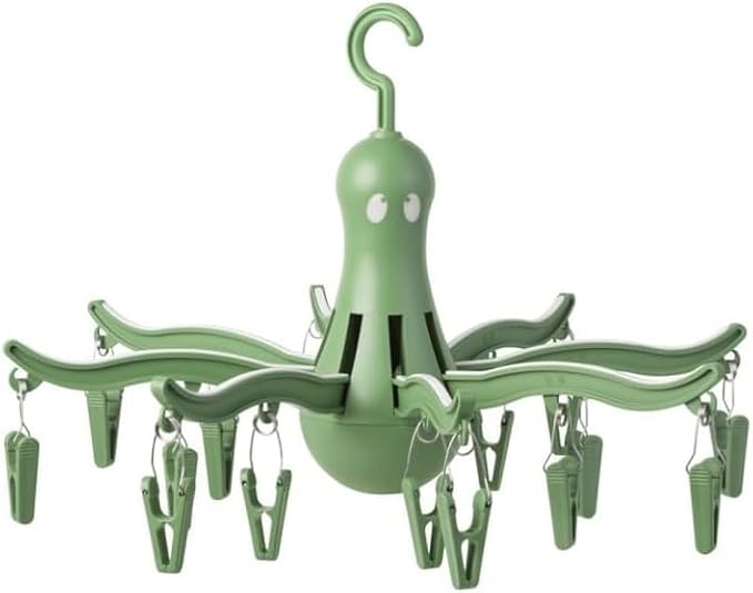 PRESSA Hanging Dryer 16 Clothes Clips Octopus Laundry Dryer Foldable Hanging Drying Rack 8 Claw Peg Hanger Space Saving Indoor Outdoor Clothes Airer (Green)