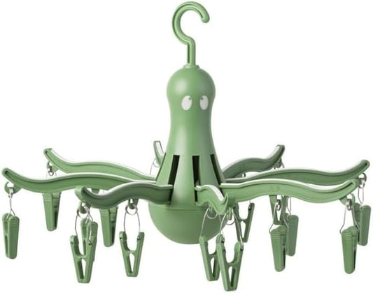 PRESSA Hanging Dryer 16 Clothes Clips Octopus Laundry Dryer Foldable Hanging Drying Rack 8 Claw Peg Hanger Space Saving Indoor Outdoor Clothes Airer (Green)