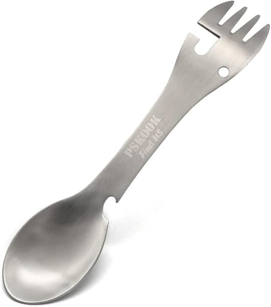 5-in-1 Utility Tactical Spork, Stainless Steel Spoon & Bottle Opener, Fork & Knife, Can Opener Combo Camping Utensil for Hiking, Camping or Backpacking (Matte Silver)