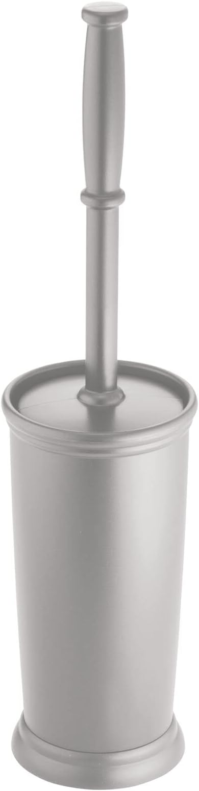 mDesign Compact Freestanding Plastic Toilet Bowl Brush and Holder for Bathroom Storage and Organization - Space Saving, Sturdy, Deep Cleaning, Covered Brush - Silver