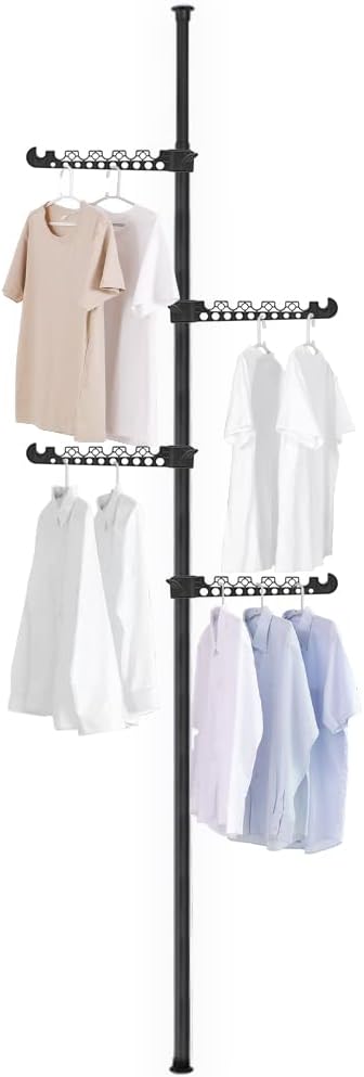 Hershii Telescopic Clothing Rack for Hanging Clothes Laundry Tension Pole | 4 Tiers Coat Tree Garment Drying Stand Floor to Ceiling Corner Storage Organizer Holder for Indoor, Balcony - Black