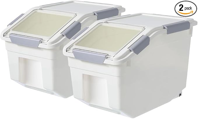 20Lb Food Storage Container with Scoop with Handle & Wheels, 2 Pack | Plastic Kitchen Pantry Organization for Rice Flour Pet Food Cereal Baking Supplies Dispenser Storage