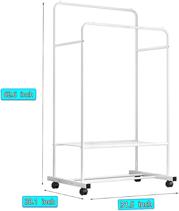 Clothing Garment Rack with Shelves, Upgraded Length Cloth Hanger Rack Stand on Wheels, Clothes Drying Rack with Two Rod(31.5inch White)