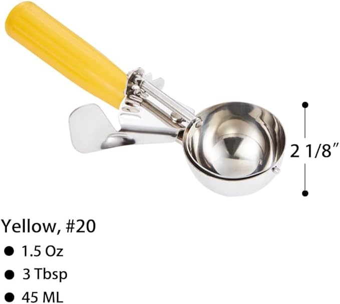 Saebye Portion Scoop - #20 (1.5 oz) - Disher, Cookie Scoop, Ice Cream Scoop - Portion Control - 18/8 Stainless Steel, Yellow Handle, For Cookie, Ice Cream, Meatball, Muffin, Cupcake, Protein Balls