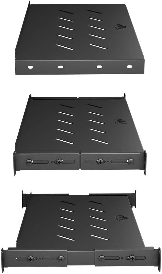 Vented 4-Post Shelf, Adjustable, Black, 250 mm Depth, 1U, 242 lbs, Cold Rolled Steel
