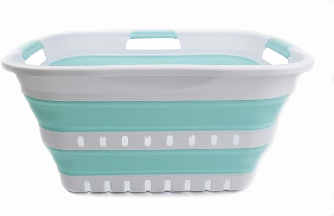 SAMMART 30L (8 Gallon) Collapsible 3 Handled Plastic Laundry Basket - Foldable Pop Up Storage Container/Organizer - Space Saving Hamper/Basket (White/Lake Green)