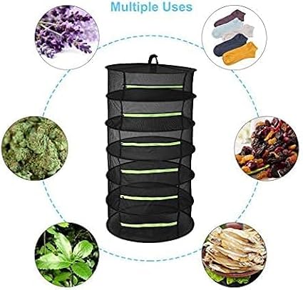 Herb Drying Rack Hanging 6 Layer, 2ft Collapsible Herb Dryer Mesh with Zipper Garden Gloves Hook, Plant Net Dry Rack for Drying Seeds Bud Grass Hydroponic Plants Outdoor Gardening Supplies 24"D x 47"H