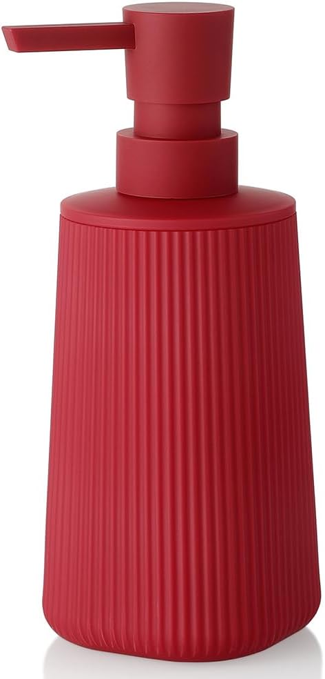 YAUKPH Small Soap Dispenser for Bathroom and Kitchen Matte Red | Modern Farmhouse Striped Style Plastic Hand Soap Dish Soap Dispenser with Pump