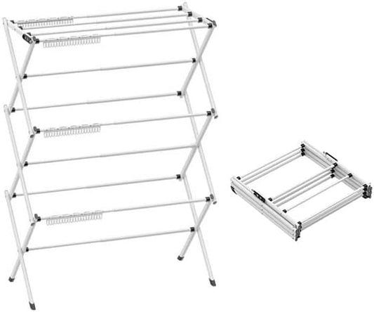 3 Tier Clothes Drying Rack, Foldable Drying Rack Clothing,Indoor & Outdoor Laundry Rack for Drying Clothes,Space-Saving Design, Metal Collapsible Dryer Racks for Laundry, White