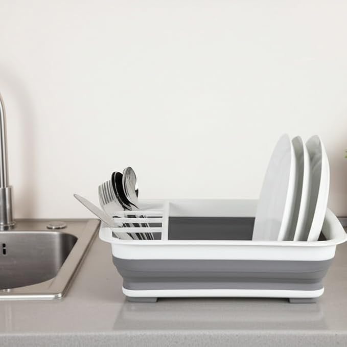 Collapsible Dish Drying Rack, Foldable Dinnerware Drainer Organizer | Space-saving plastic kitchen storage organizer. Compact folding dish drainboard perfect for RVs, camping & small countertops.