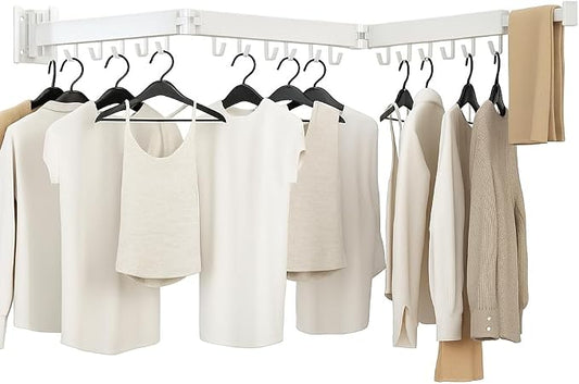Kelisiting Clothes Drying Rack, Laundry Drying Rack Wall Mounted, [No-Drill & Drilling to Choose] 3-Fold Laundry Drying Racks for Hanging Clothes, Foldable & Sturdy Space Saver for Laundry Room -White