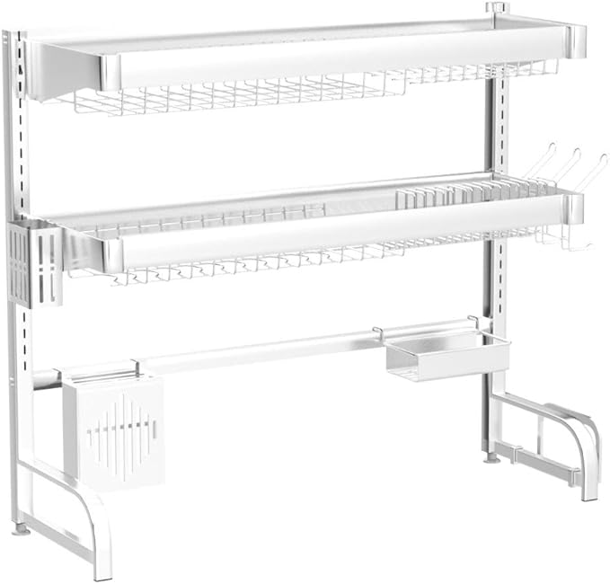 MAJALiS 3 Tier Extra Large Stainless Steel Expandable Over The Sink Dish Drainer Drying Rack, Rust Proof Metal, Space Saving, Modern Silver Big Capacity Extendable Plate Strainers Kitchen Counter