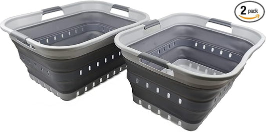 SAMMART 42L (11 gallon) Collapsible Plastic Laundry Basket - Foldable Pop Up Storage Container/Organizer - Portable Basket - Space Saving Hamper (Grey/Dark Grey (Set of 2))