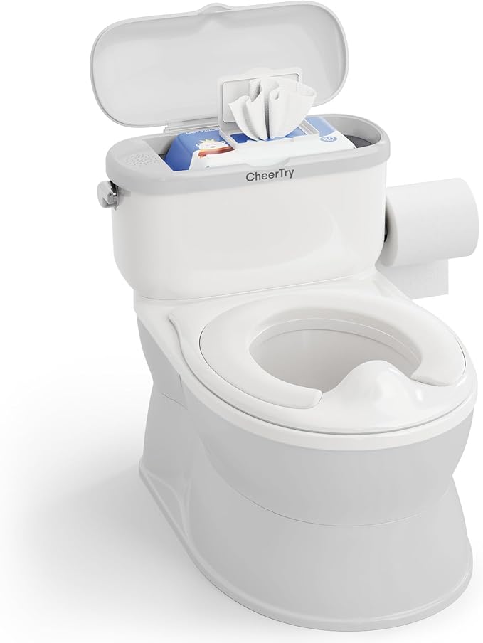 CheerTry 2-in-1 Toddler Potty Training Toilet - with Detachable Training Seat, Realistic Flushing Sound for Boys & Girls Ages 1-3 with Wipes Storage, Toilet Paper Holder