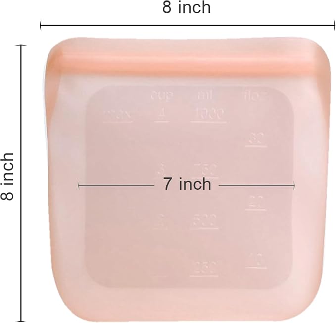 purifyou Set of 5 Reusable Silicone Storage Snack Bags 6oz / 16oz / 32oz / 64oz Self-Seal Food Storage Container for Fruits, Vegetables, Sandwiches, Dishwasher Safe & Leak-free (CloudPink, 32oz)