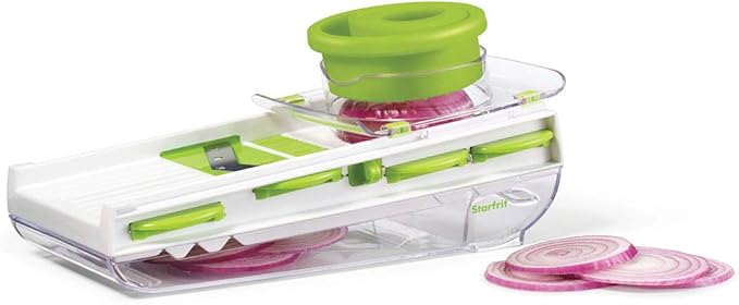 Starfrit Easy Mandoline Slicer, Dicer - 5-Blades - Straight & Crinkle Blades, Julienne, Grater & Shredder - Self-Feeding Pusher - Catch Base for Storage and Food Container