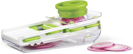 Starfrit Easy Mandoline Slicer, Dicer - 5-Blades - Straight & Crinkle Blades, Julienne, Grater & Shredder - Self-Feeding Pusher - Catch Base for Storage and Food Container